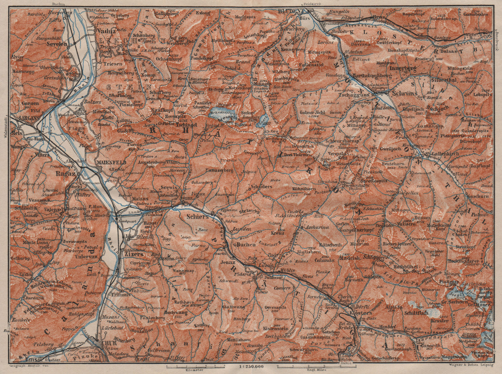 BAD RAGAZ PRÄTIGAU MONTAFON ENVIRONS. Wangs Rätikon Bludenz Maienfeld 1911 map